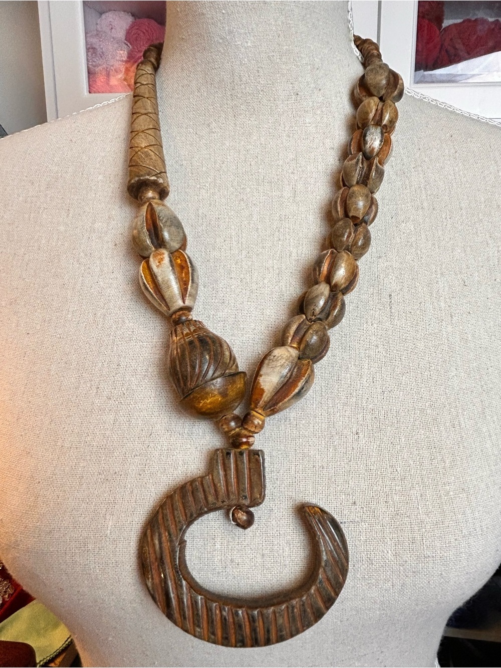 Vintage Chunky Carved Wood Statement Necklace Bohemian Tribal Crescent Pendant